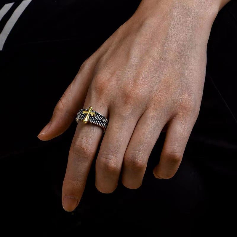 Angel Wings with Cross Open Ring - Cowderry