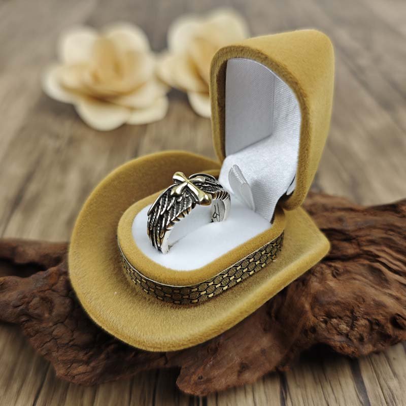Angel Wings with Cross Open Ring - CowderryRings