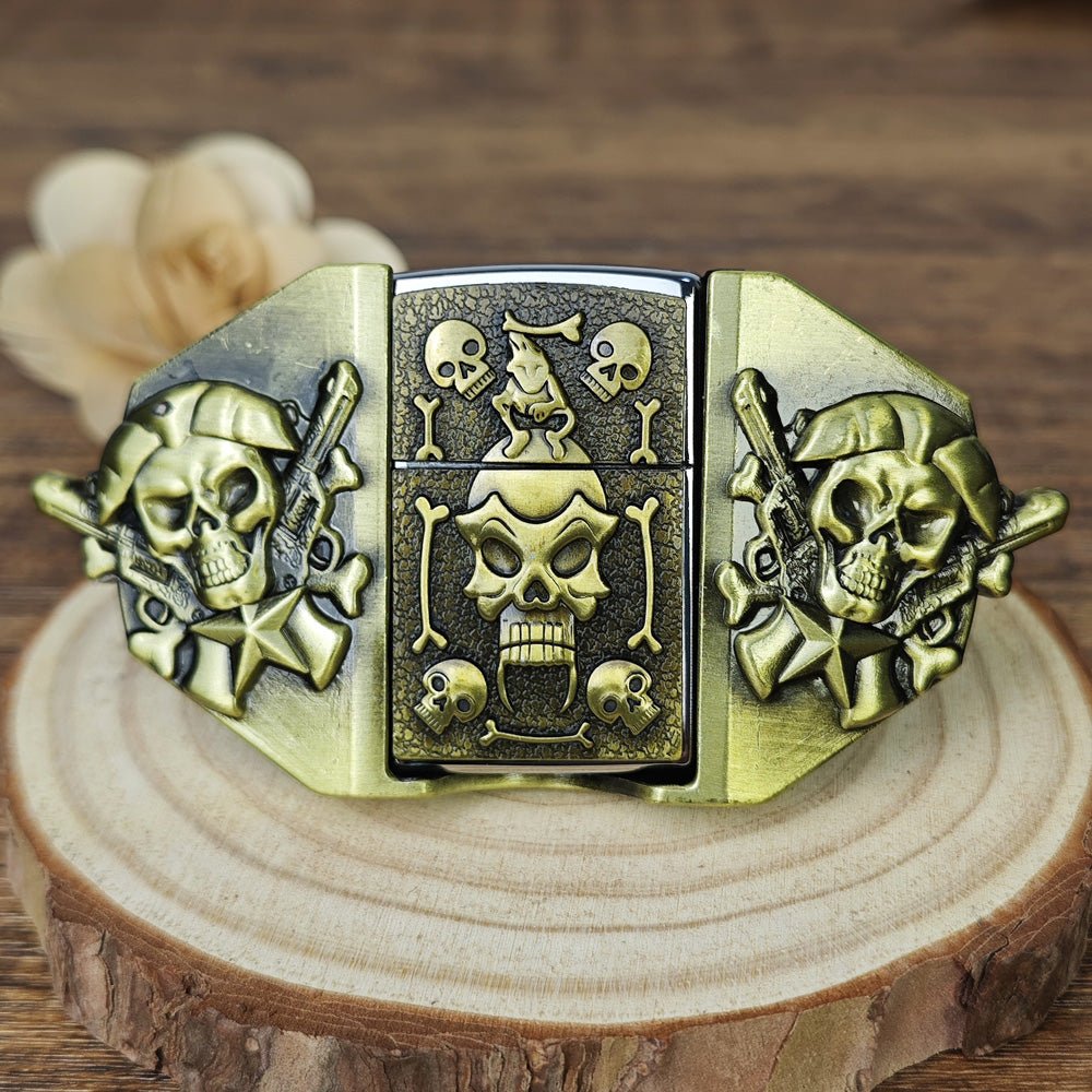 Antique Bronze Pirate Skull Lighter Belt Buckle - CowderryBelt Buckles