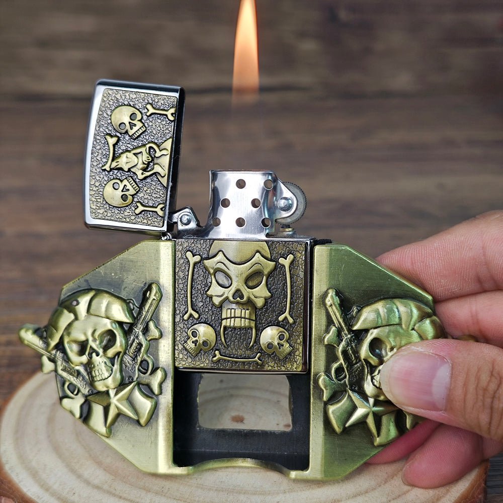 Antique Bronze Pirate Skull Lighter Belt Buckle - CowderryBelt Buckles