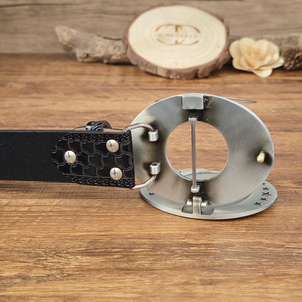 Black Leather belt with Beer Can Holder Buckle - CowderryBeltsDeer
