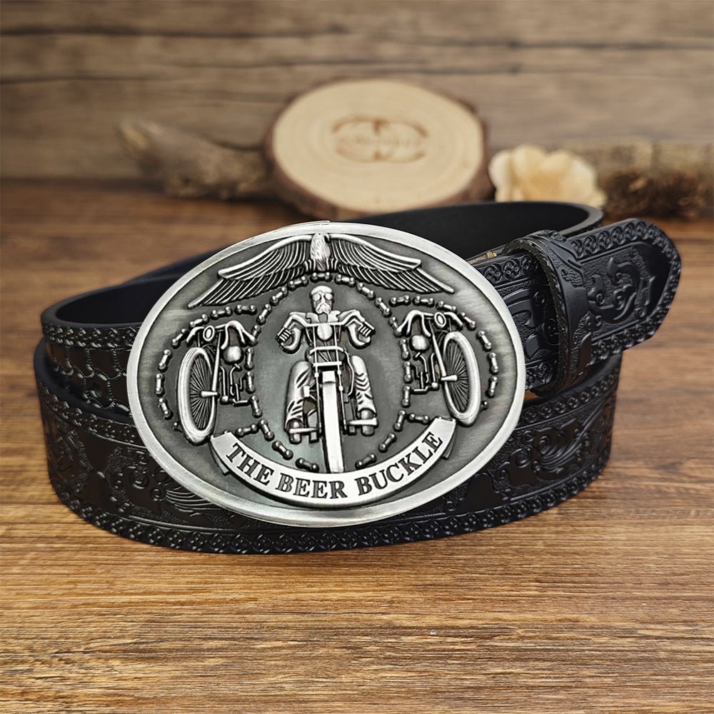 Black Leather belt with Beer Can Holder Buckle - CowderryBeltsLive To Ride Ride
