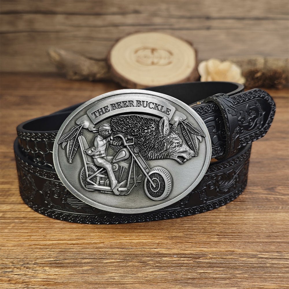 Black Leather belt with Beer Can Holder Buckle - CowderryBeltsMotorcycle