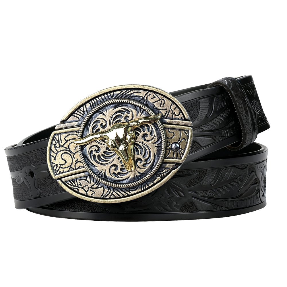 Black Leather Longhorn Rodo Belt - CowderryBeltsGold Bull Skull
