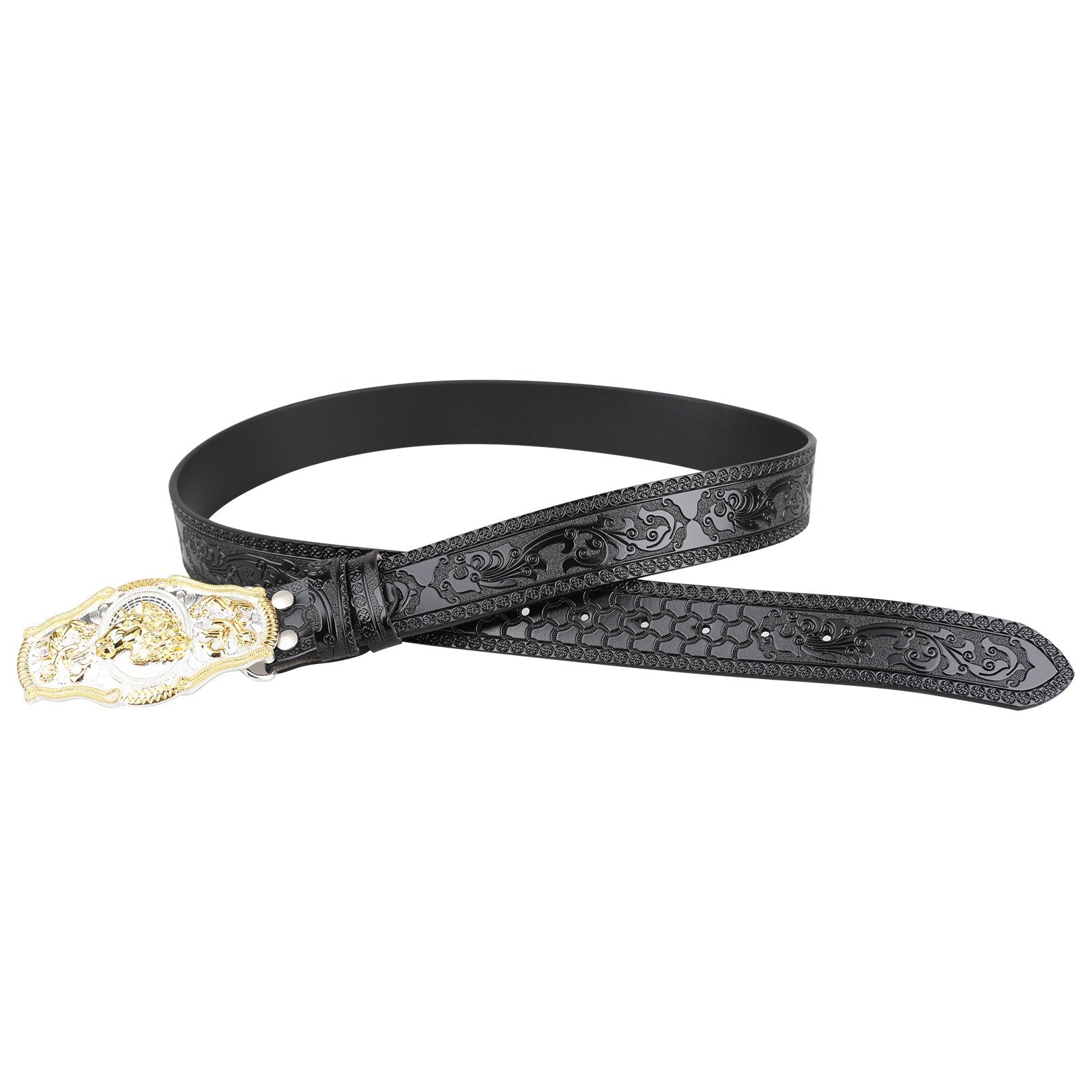 Black Western Leather Belt Gold Silver Rodeo Buckle Cowboy - CowderryBeltsHorse Head