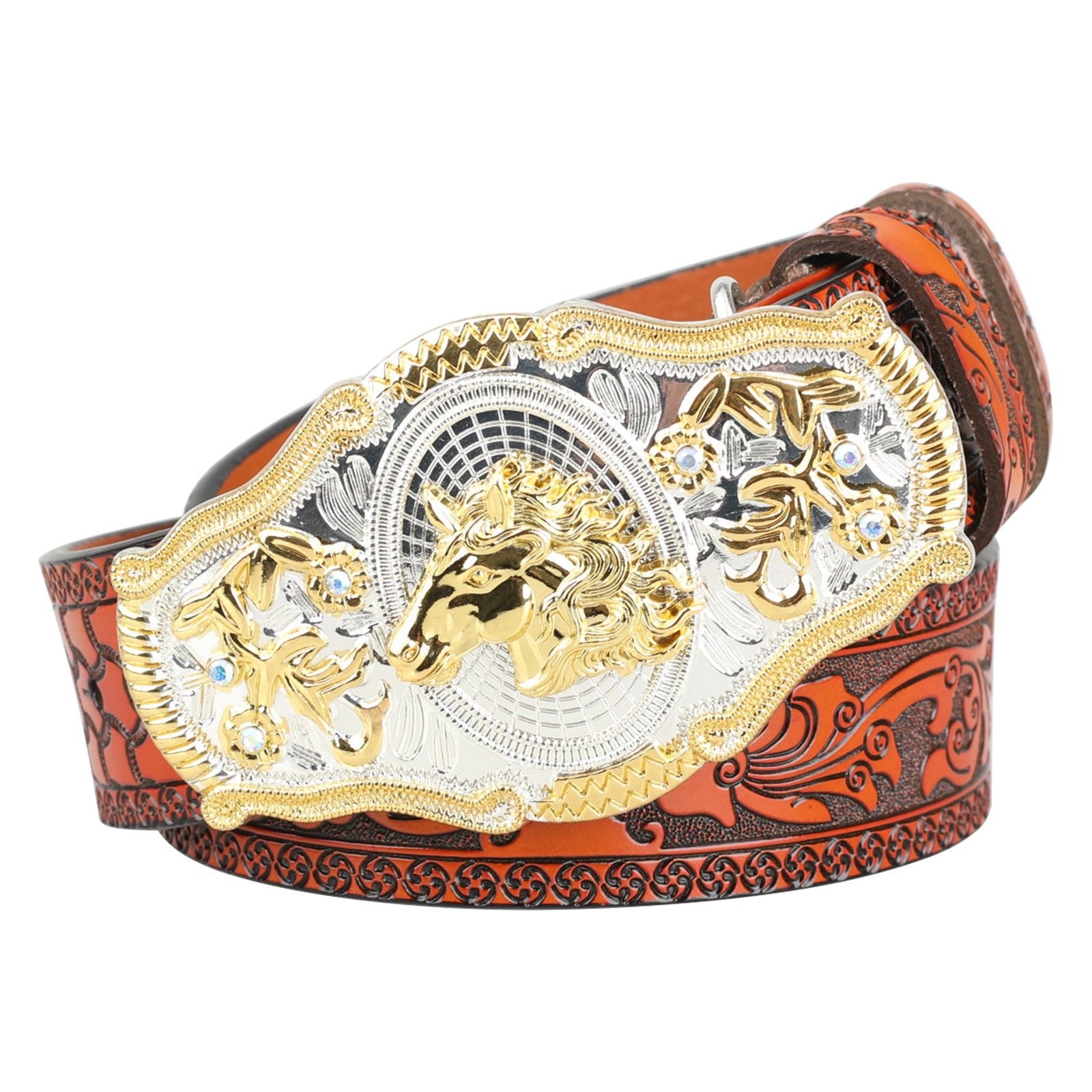 Black Western Leather Belt Gold Silver Rodeo Buckle Cowboy - CowderryBeltsHorse Head