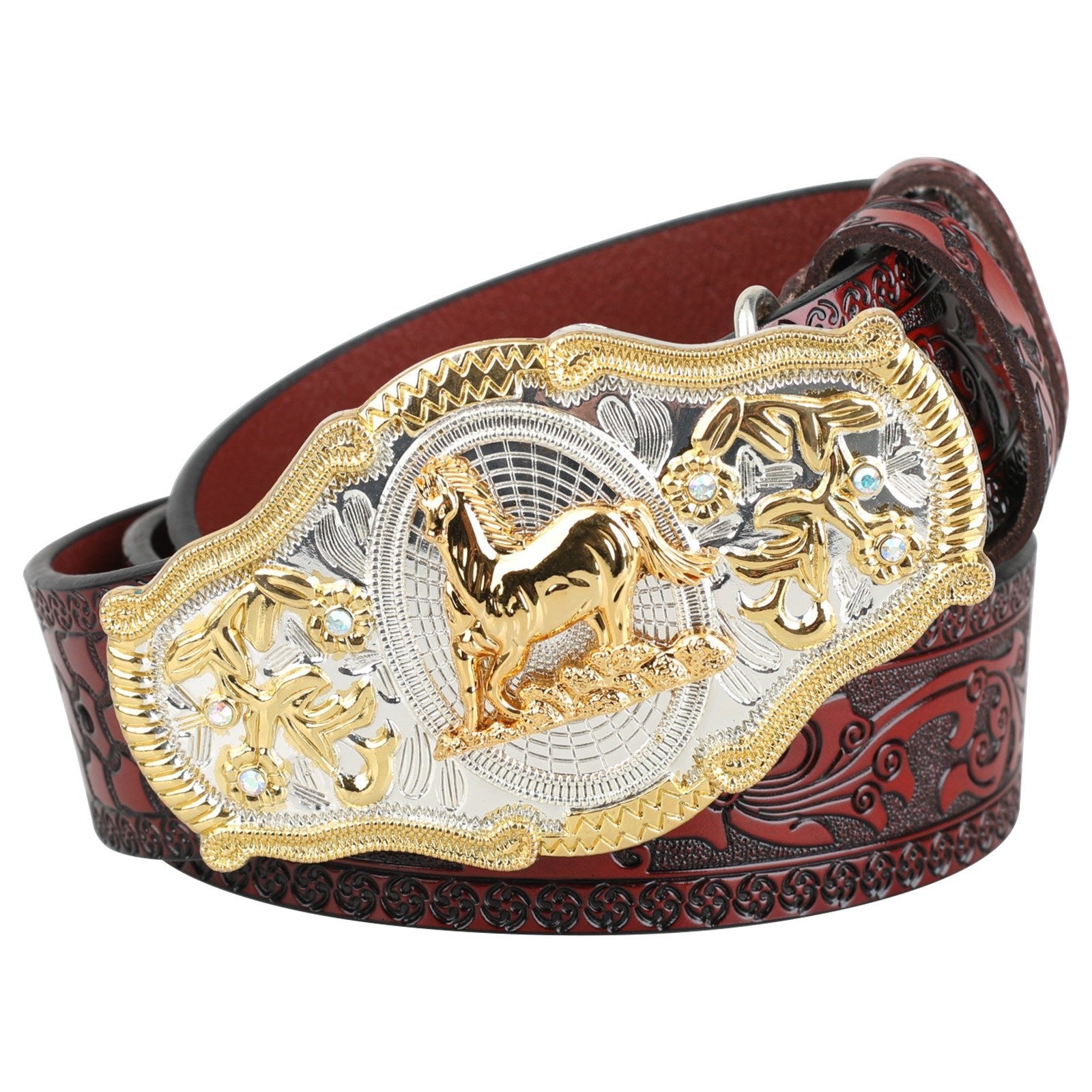 Black Western Leather Belt Gold Silver Rodeo Buckle Cowboy - CowderryBeltsHorse