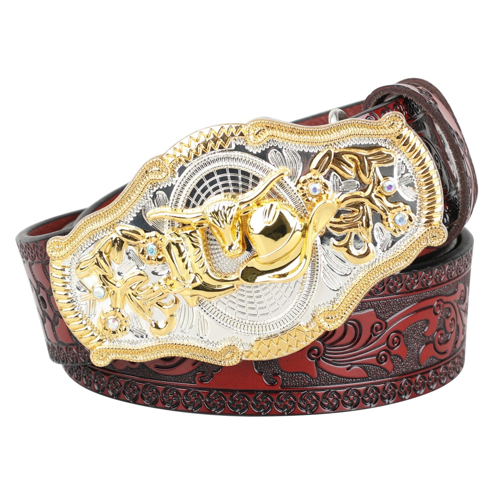 Black Western Leather Belt Gold Silver Rodeo Buckle Cowboy - CowderryBeltsLonghorn