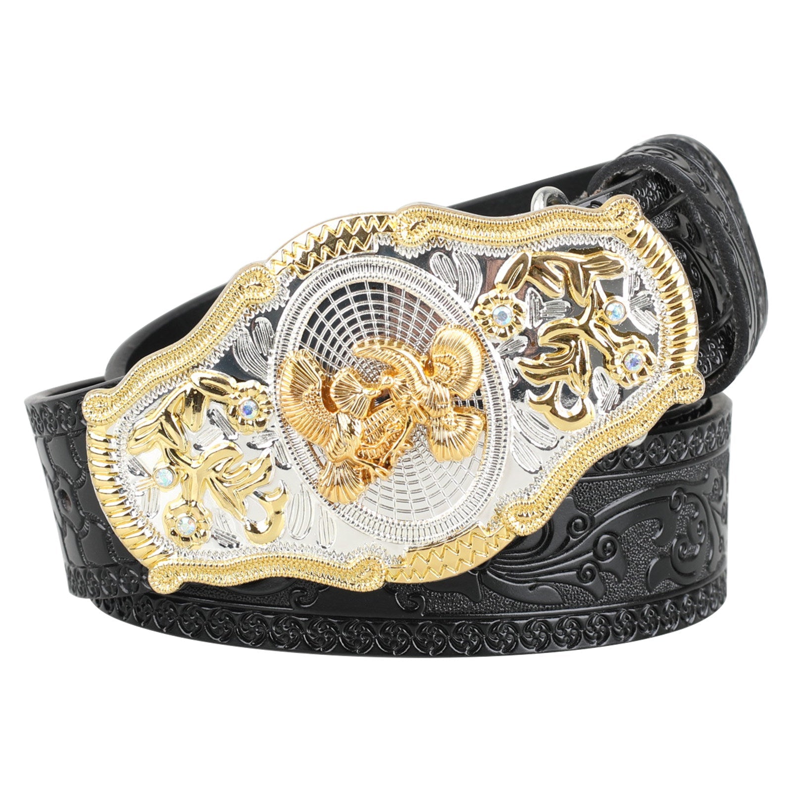 Black Western Leather Belt Gold Silver Rodeo Buckle Cowboy - CowderryBeltsScorpion