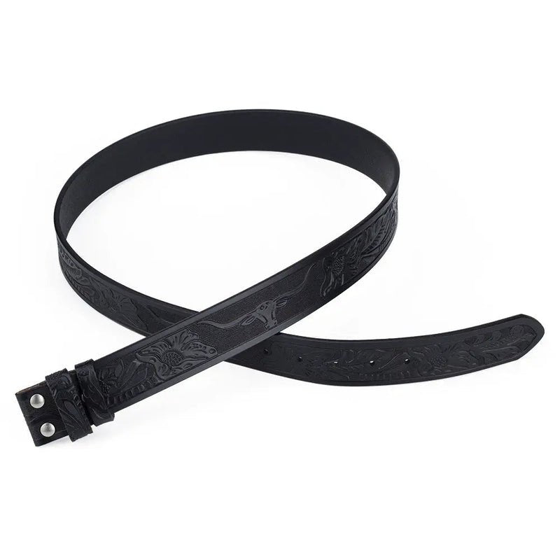 Country Leather Longhorn Belt with Antique Silver Cowboy Buckle - CowderryBeltsGold Longhorn