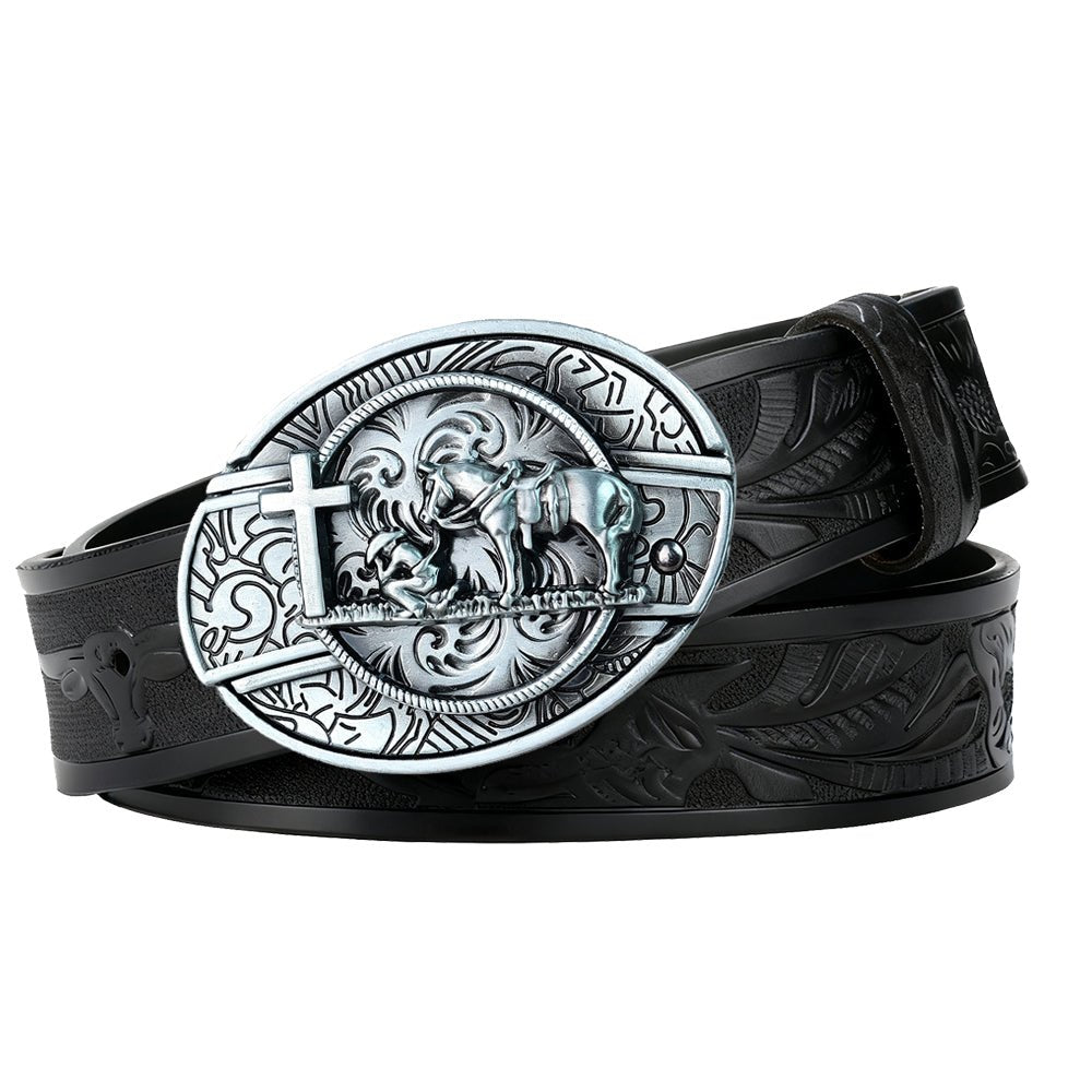 Country Leather Longhorn Belt with Antique Silver Cowboy Buckle - CowderryBeltsPraying