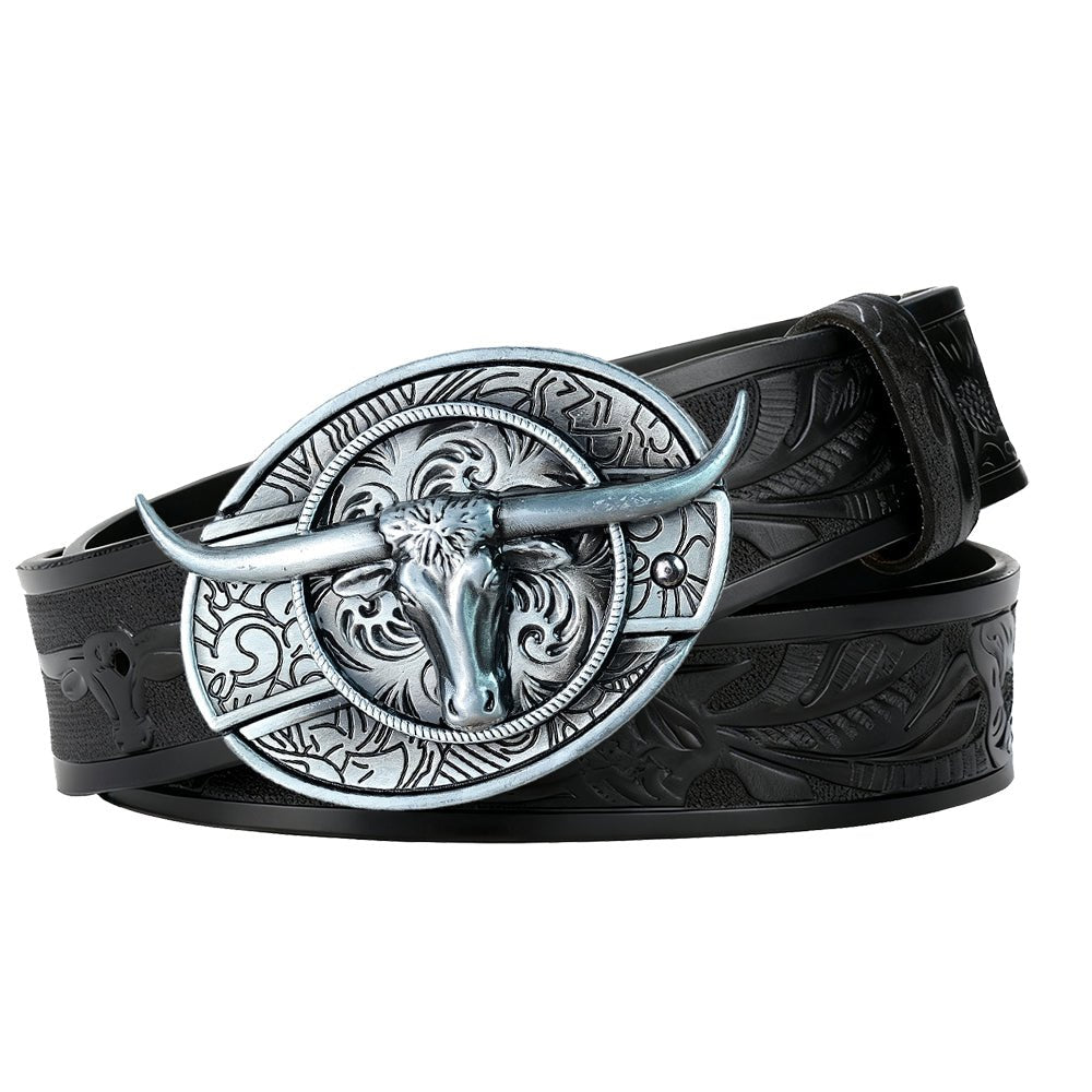 Country Leather Longhorn Belt with Antique Silver Cowboy Buckle - CowderryBeltsSilver Longhorn