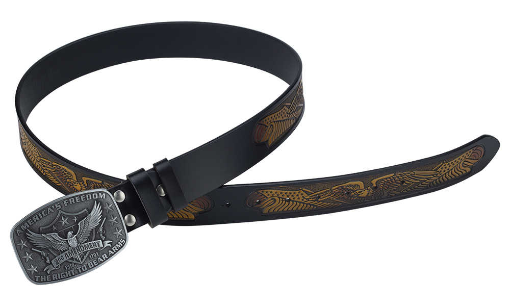 Eagle Tooled Leather Belt 2nd Amendment Patriot Buckle - CowderryBeltsAntique Silver