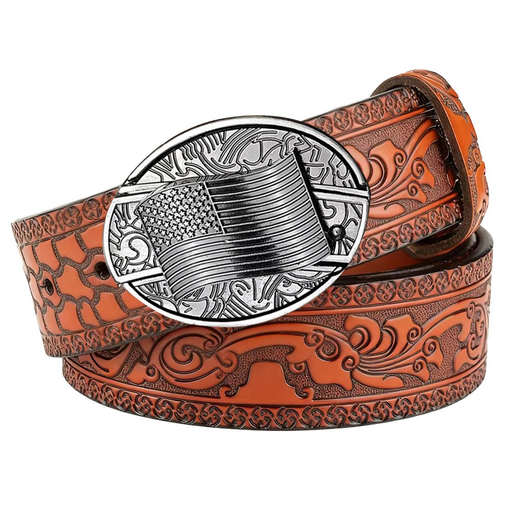 Embossed Brown Leather Western Utility Belt - CowderryBeltsUSA Flag