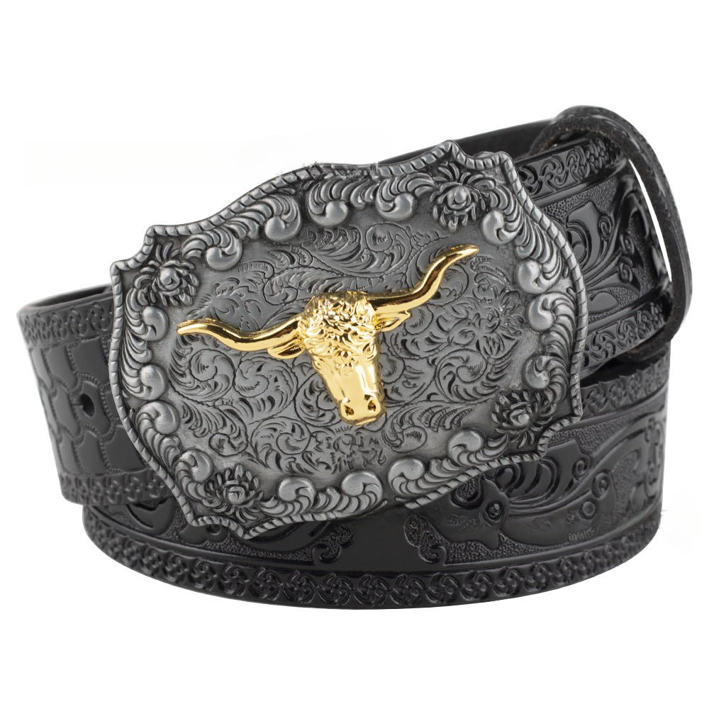 Embossed Country Leather Belt with Floral Longhorn Bull Buckle - CowderryBlack