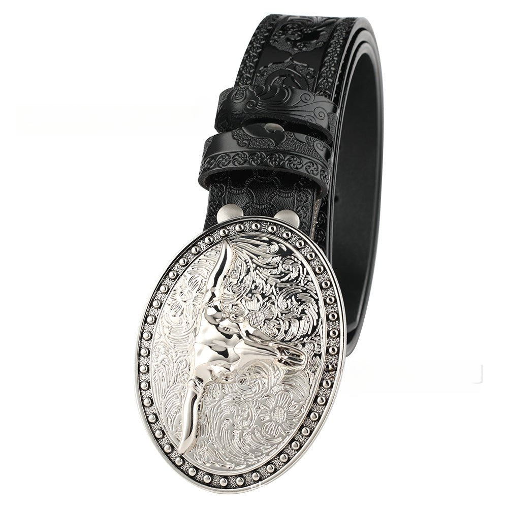 Embossed Country Leather Belt with Silver Longhorn Buckle - CowderryBeltsBlack
