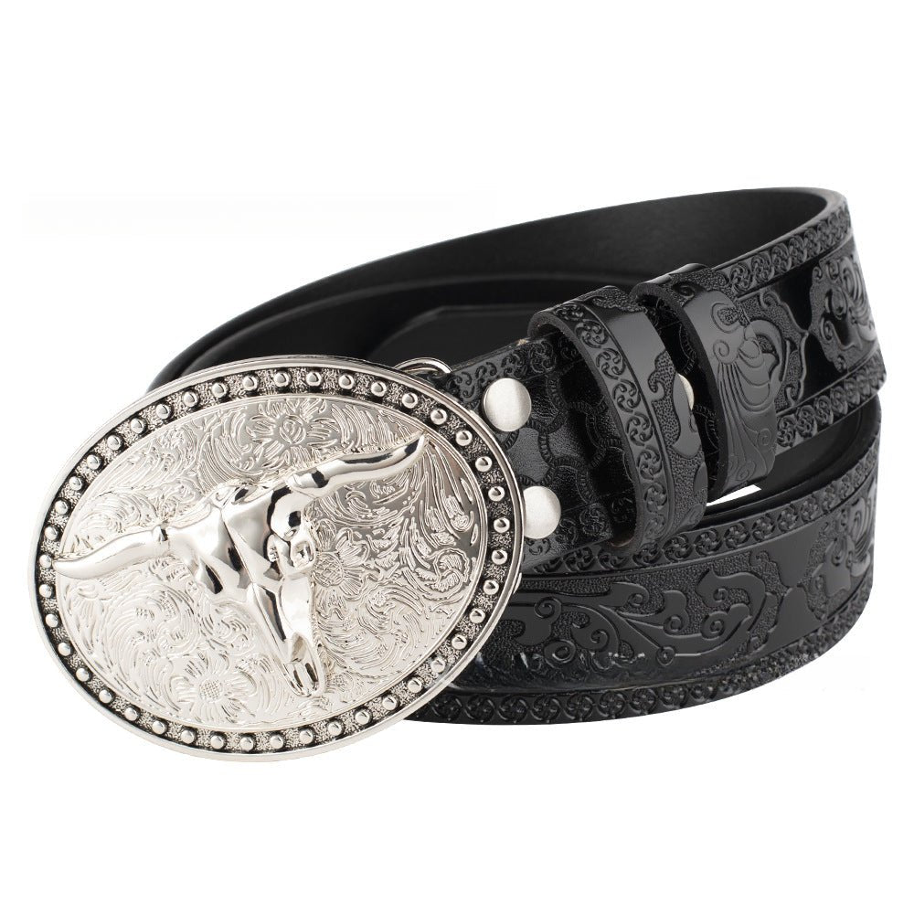Embossed Country Leather Belt with Silver Longhorn Buckle - CowderryBeltsBlack