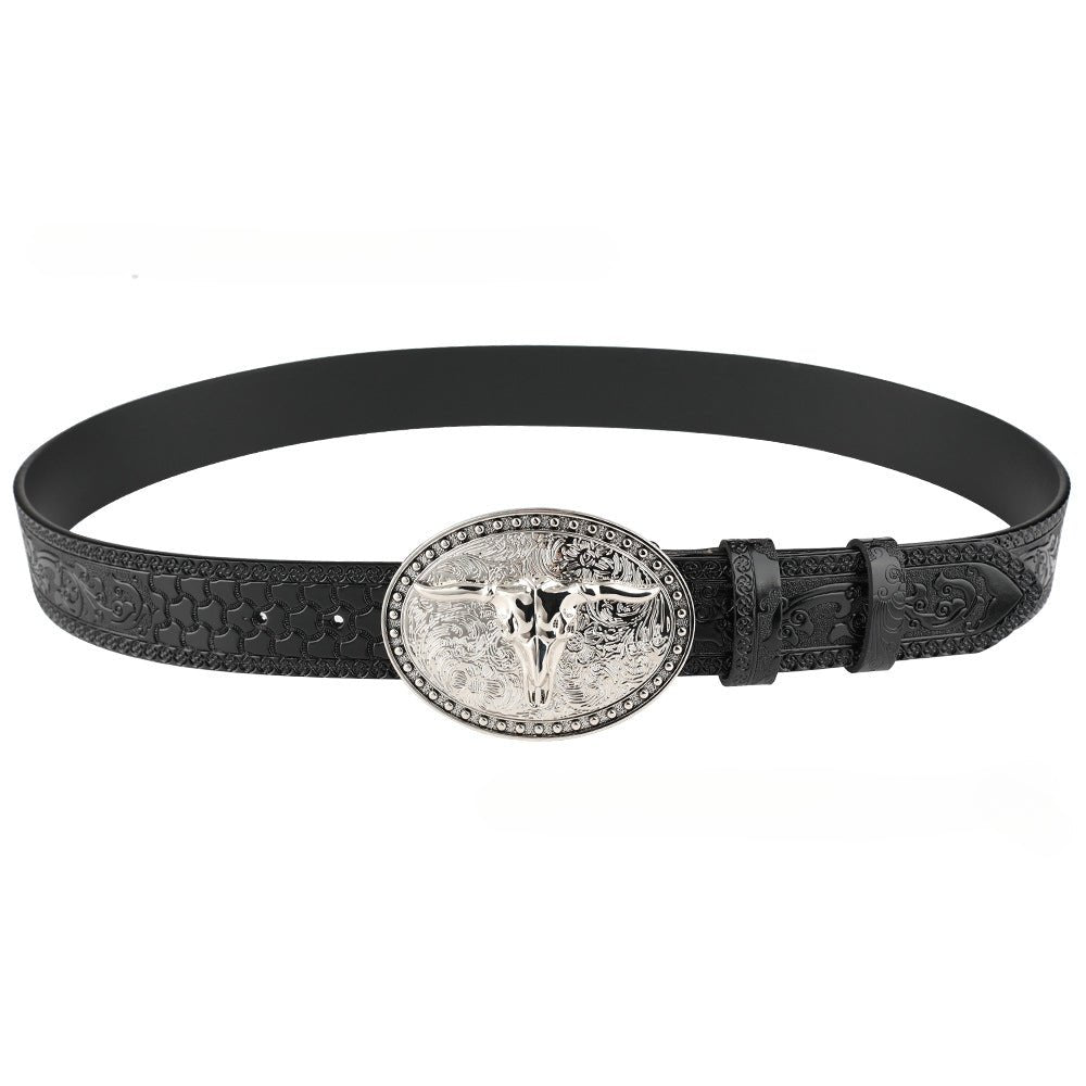 Embossed Country Leather Belt with Silver Longhorn Buckle - CowderryBeltsBlack