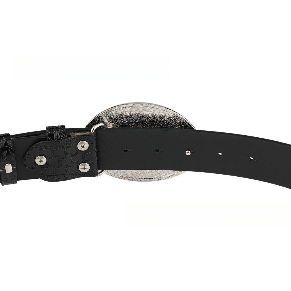 Embossed Country Leather Belt with Silver Longhorn Buckle - CowderryBeltsBlack