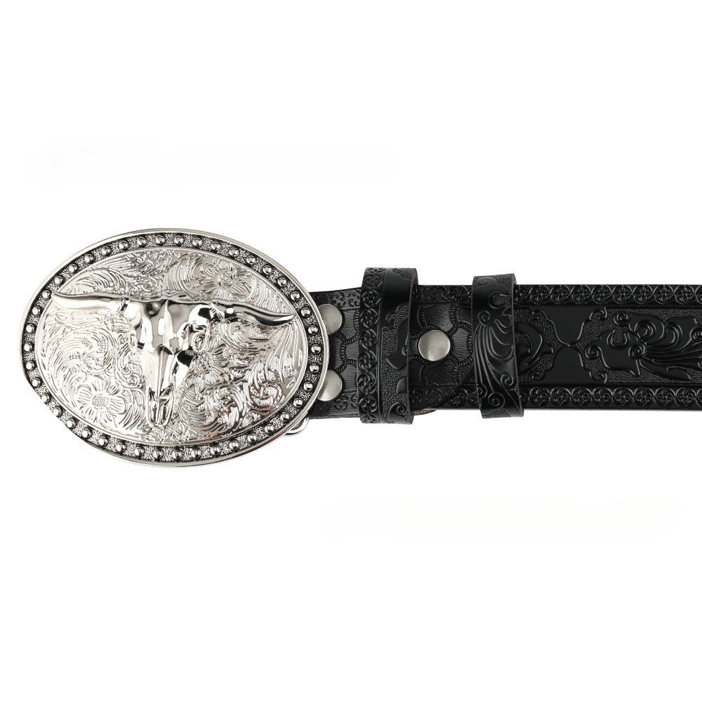Embossed Country Leather Belt with Silver Longhorn Buckle - CowderryBeltsBlack