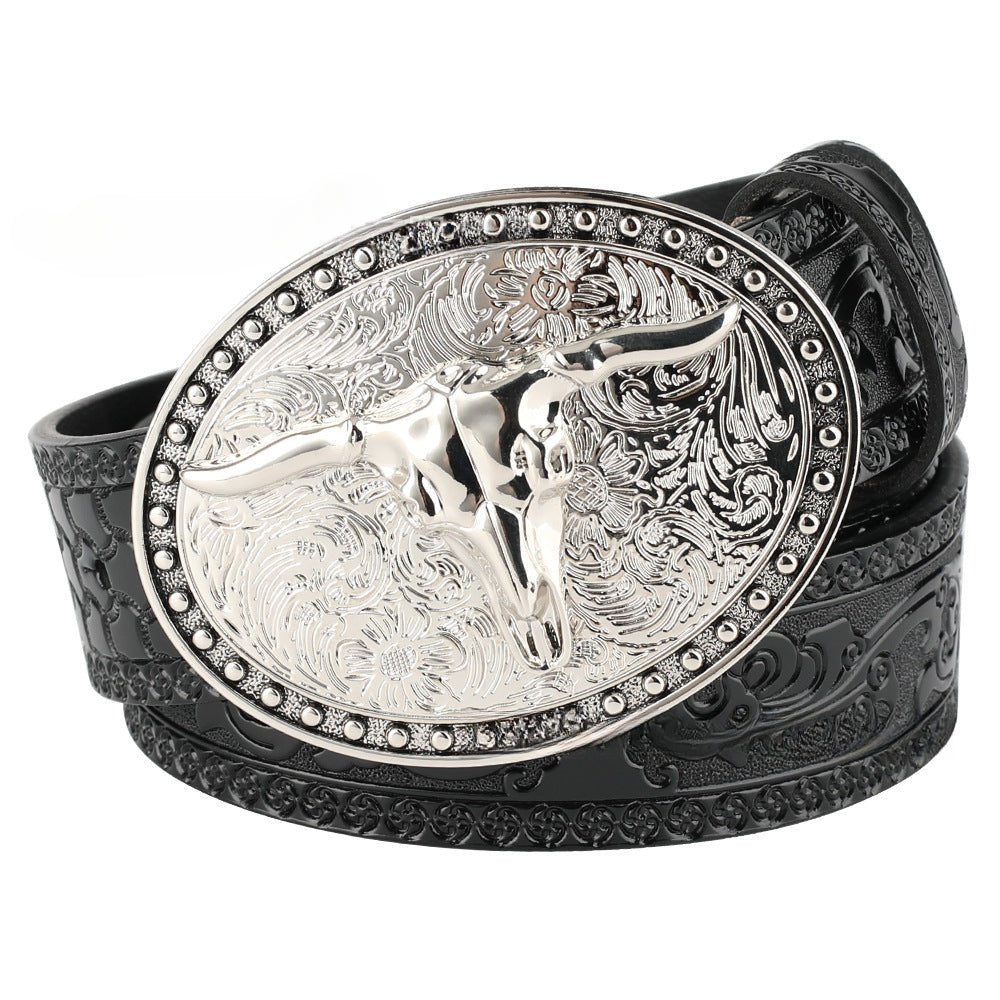 Embossed Country Leather Belt with Silver Longhorn Buckle - CowderryBeltsBlack