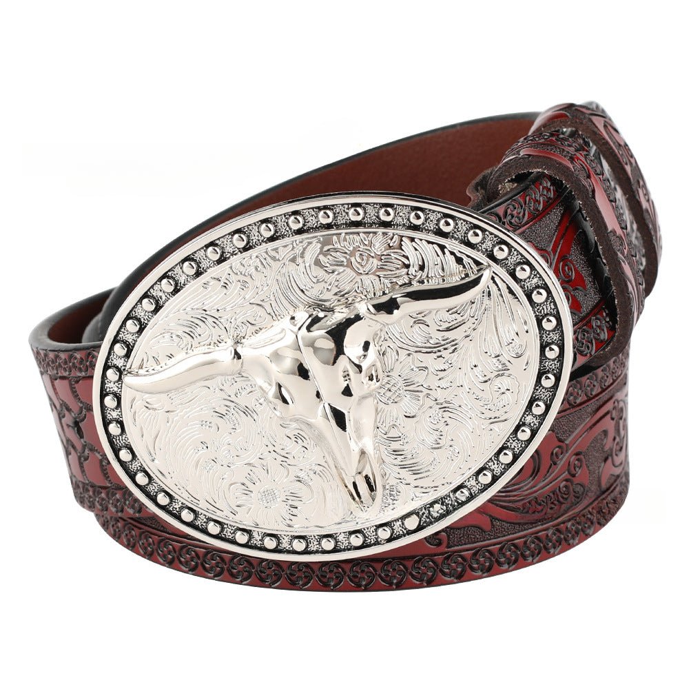 Embossed Country Leather Belt with Silver Longhorn Buckle - CowderryBeltsBrown