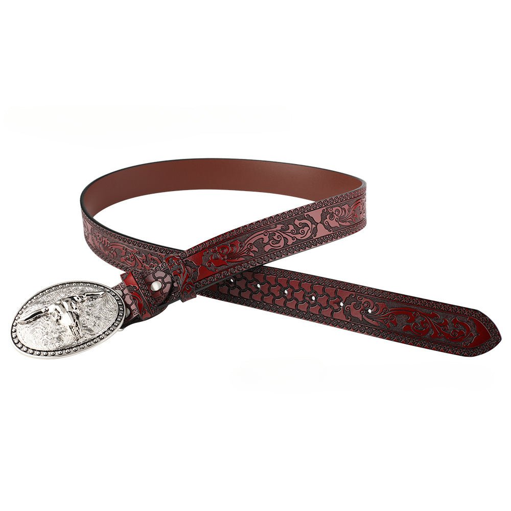 Embossed Country Leather Belt with Silver Longhorn Buckle - CowderryBeltsBrown