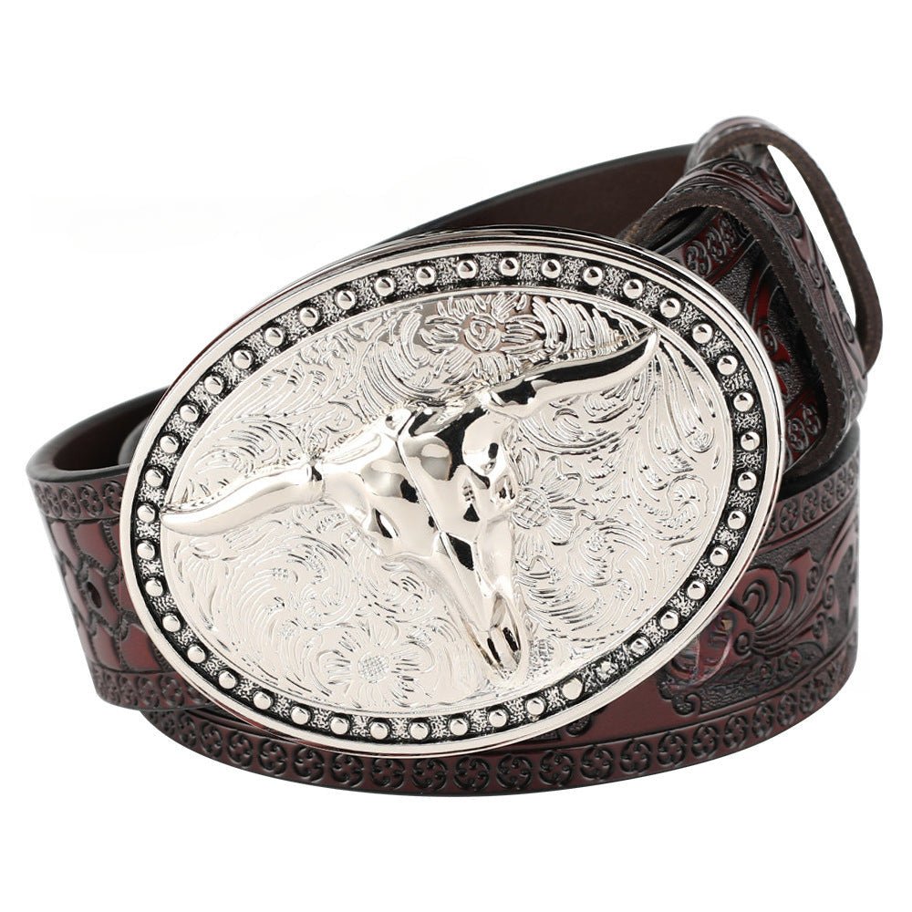 Embossed Country Leather Belt with Silver Longhorn Buckle - CowderryBeltsDark Brown