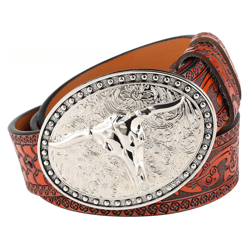 Embossed Country Leather Belt with Silver Longhorn Buckle - CowderryBeltsSaddle Tan