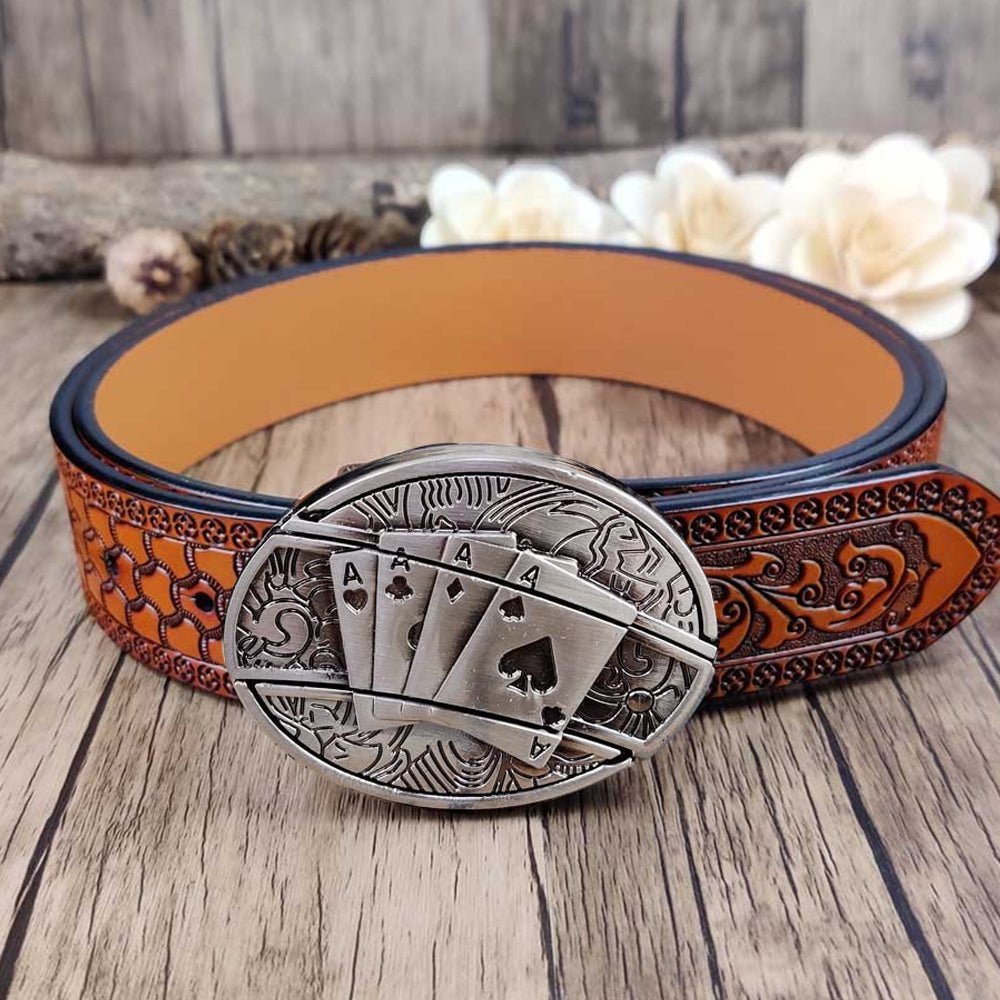 Embossed Country Utility Belt with Cool Oval Belt Buckle - CowderryBelts4 Aces