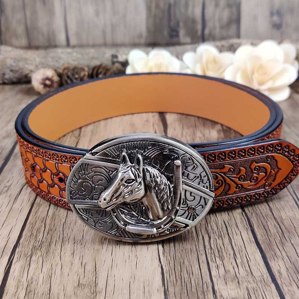 Embossed Country Utility Belt with Cool Oval Belt Buckle - CowderryBeltsHorsehead