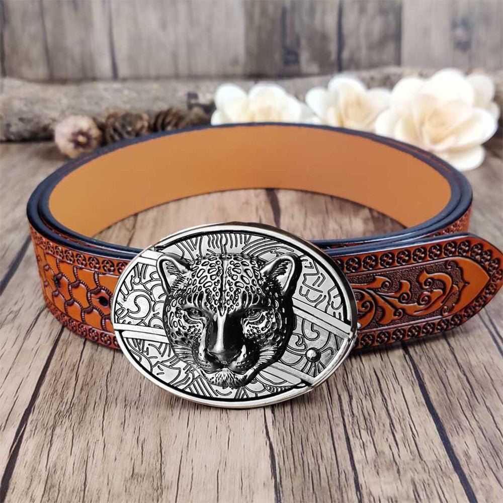 Embossed Country Utility Belt with Cool Oval Belt Buckle - CowderryBeltsLeopard