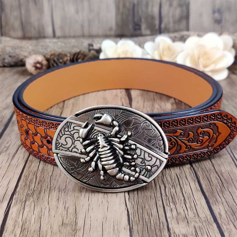 Embossed Country Utility Belt with Cool Oval Belt Buckle - CowderryBeltsScorpion