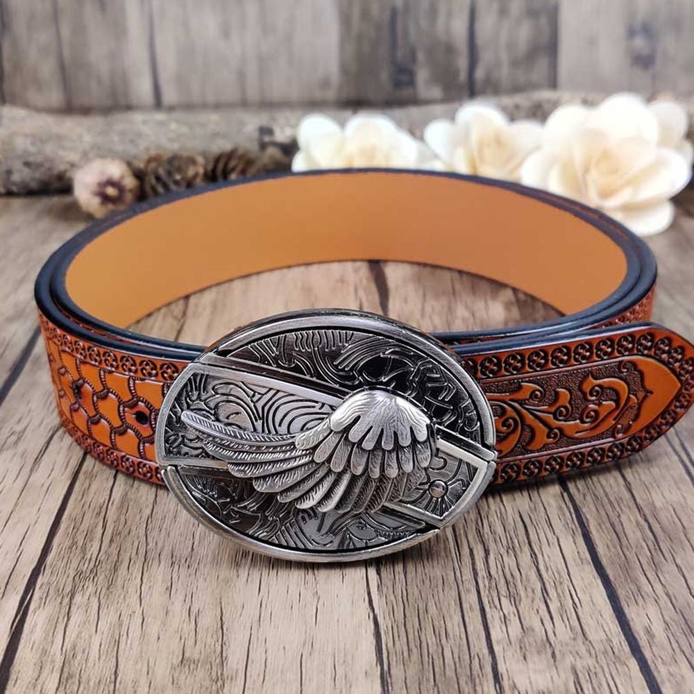 Embossed Country Utility Belt with Cool Oval Belt Buckle - CowderryBeltsWings