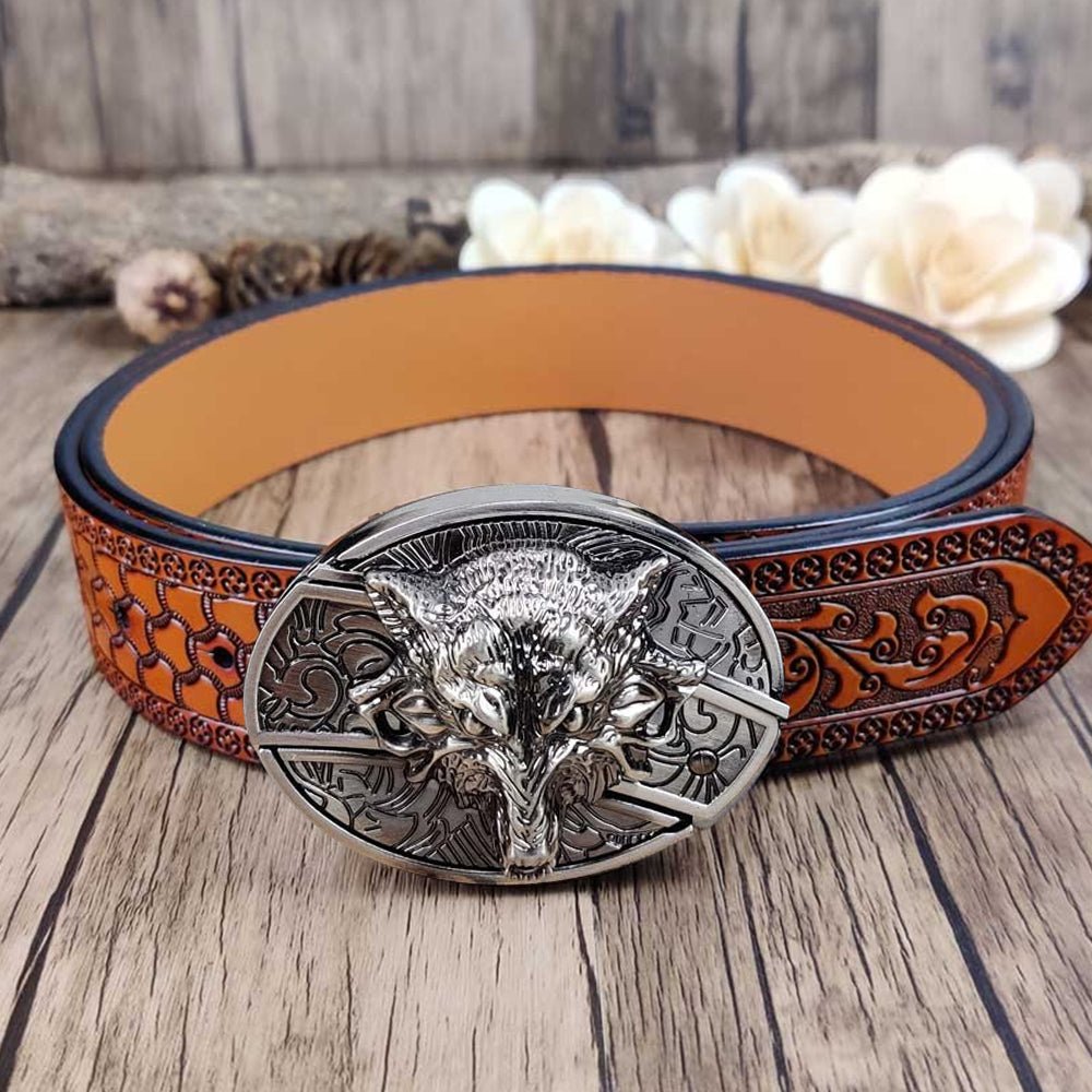 Embossed Country Utility Belt with Cool Oval Belt Buckle - CowderryBeltsWolf