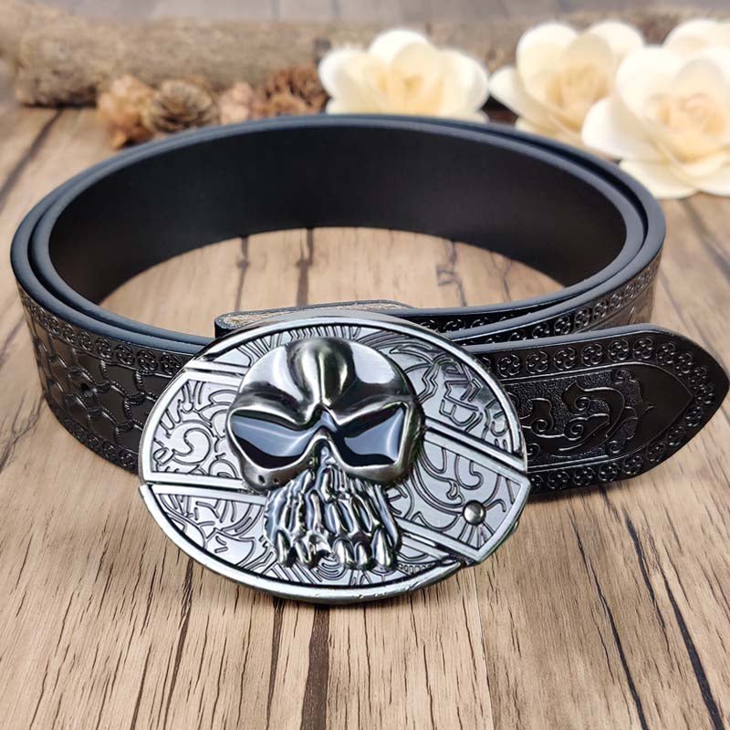 Embossed Country Utility Black Belt with Cool Oval Belt Buckle - CowderryBeltSkull