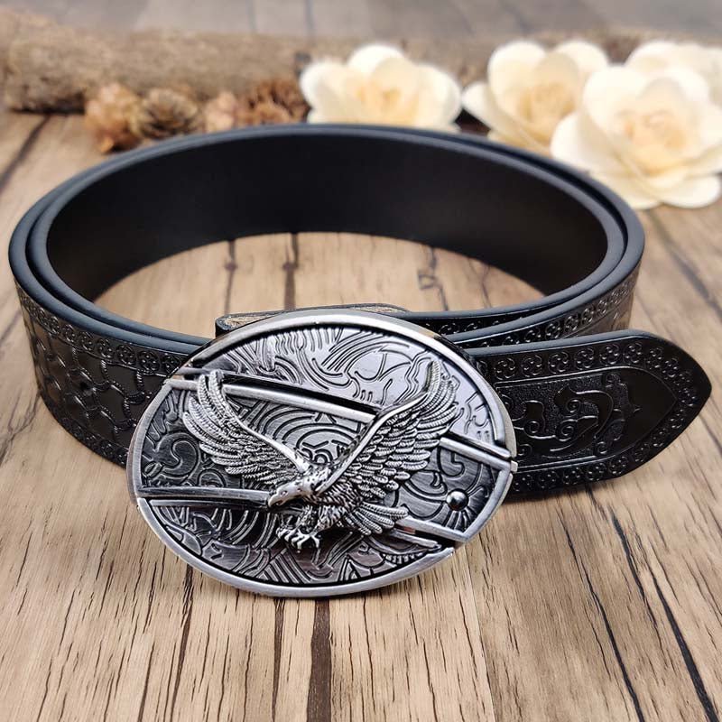 Embossed Country Utility Black Belt with Cool Oval Belt Buckle - CowderryEagle