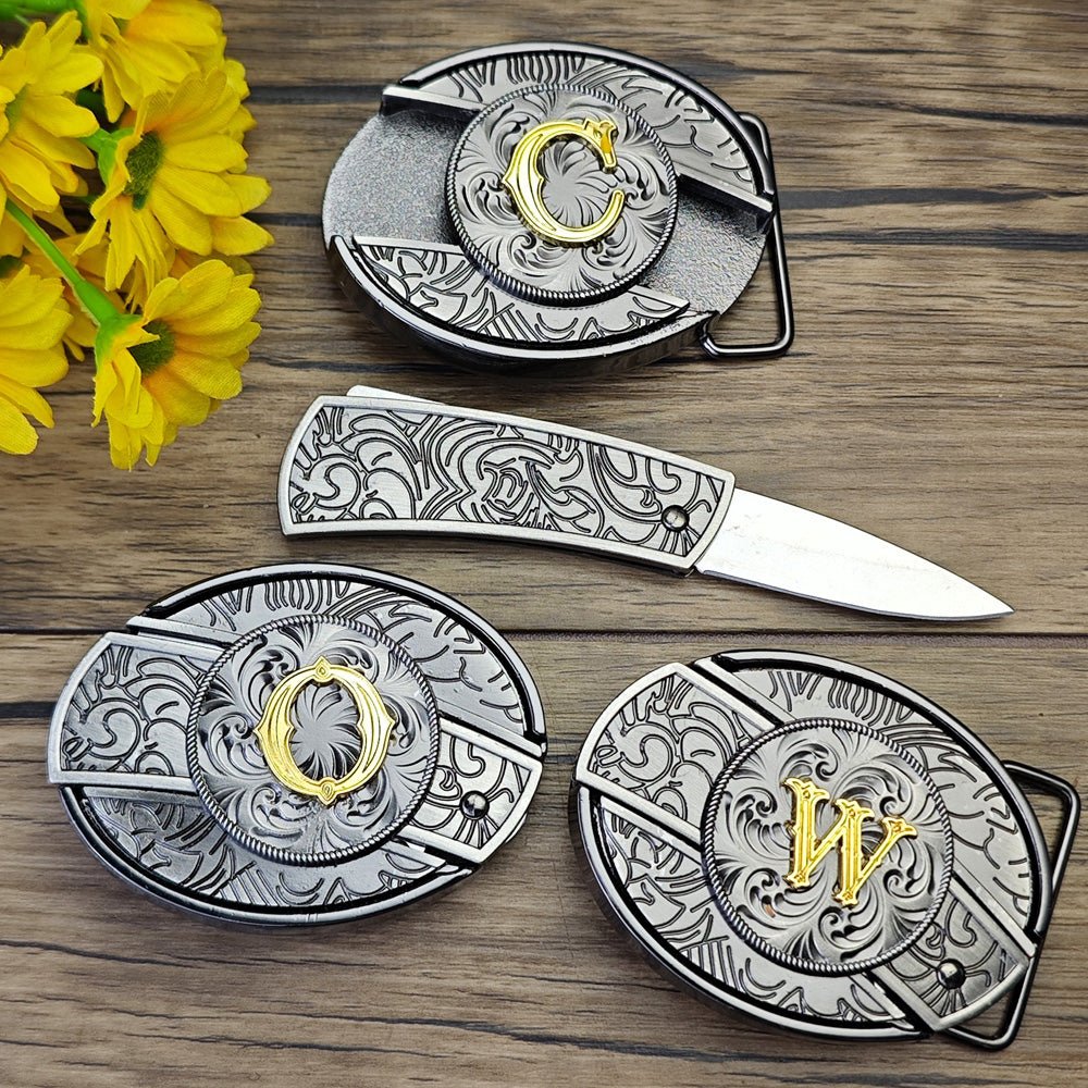 Embossed Country Utility Black Belt with Initial Buckle - CowderryA