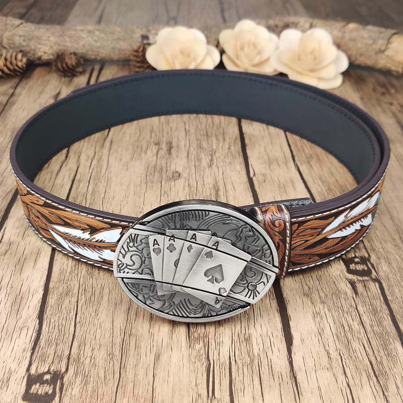 Feather Embossed Belt With Cool Oval Buckle - Cowderry4 Aces