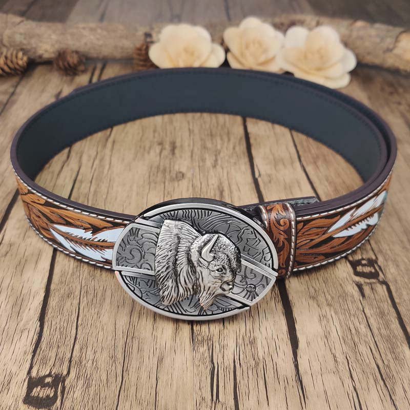 Feather Embossed Belt With Cool Oval Buckle - CowderryBison