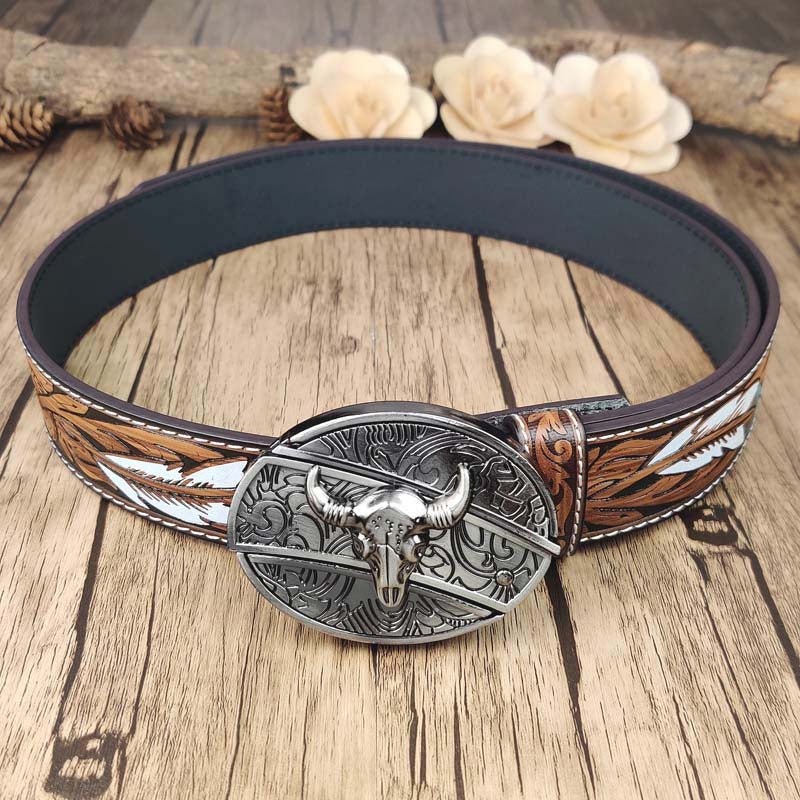 Feather Embossed Belt With Cool Oval Buckle - CowderryBull