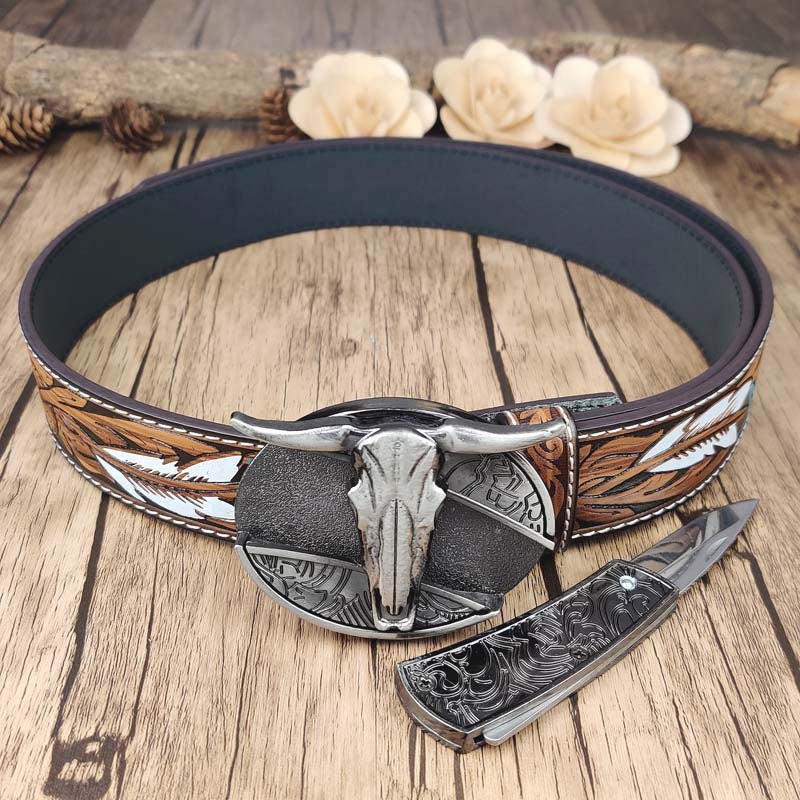 Feather Embossed Belt With Cool Oval Buckle - CowderryDeer