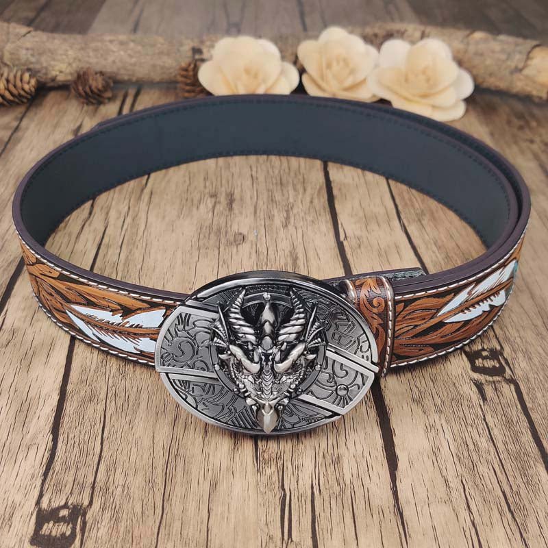 Feather Embossed Belt With Cool Oval Buckle - CowderryDragon