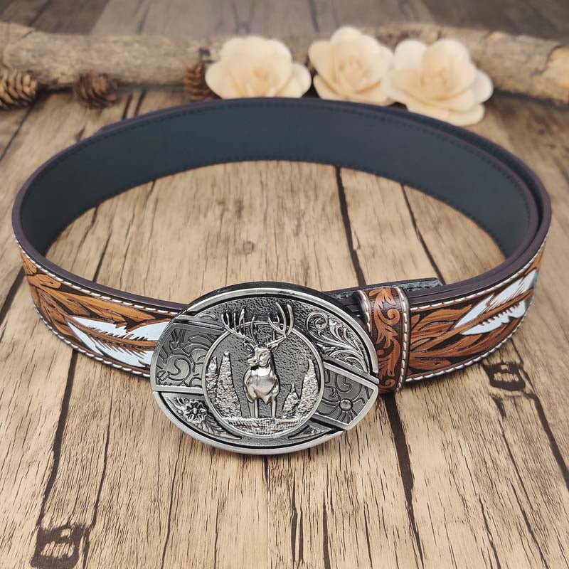 Feather Embossed Belt With Cool Oval Buckle - CowderryElk
