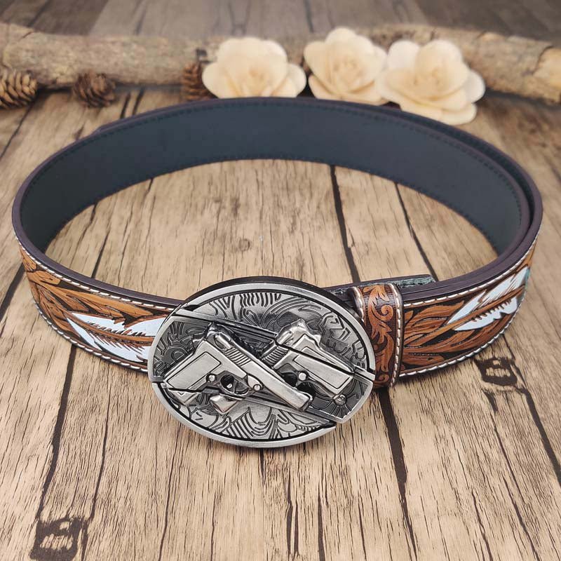 Feather Embossed Belt With Cool Oval Buckle - CowderryGuns
