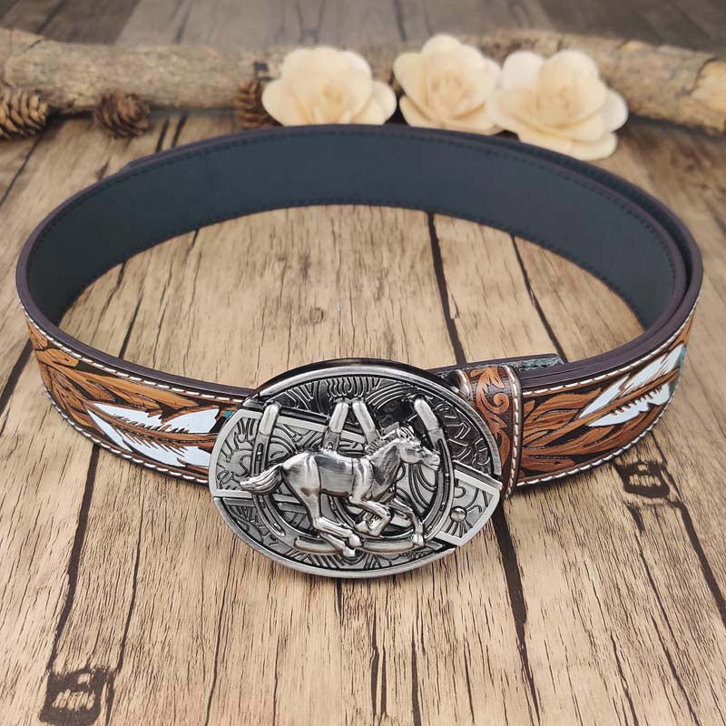 Feather Embossed Belt With Cool Oval Buckle - CowderryHorse