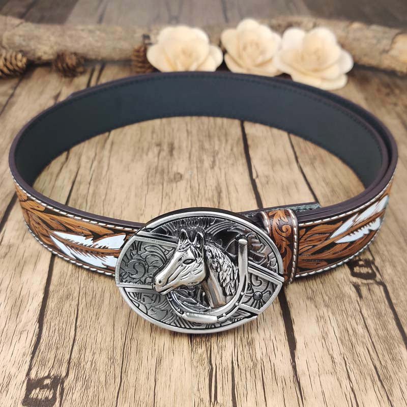 Feather Embossed Belt With Cool Oval Buckle - CowderryHorsehead