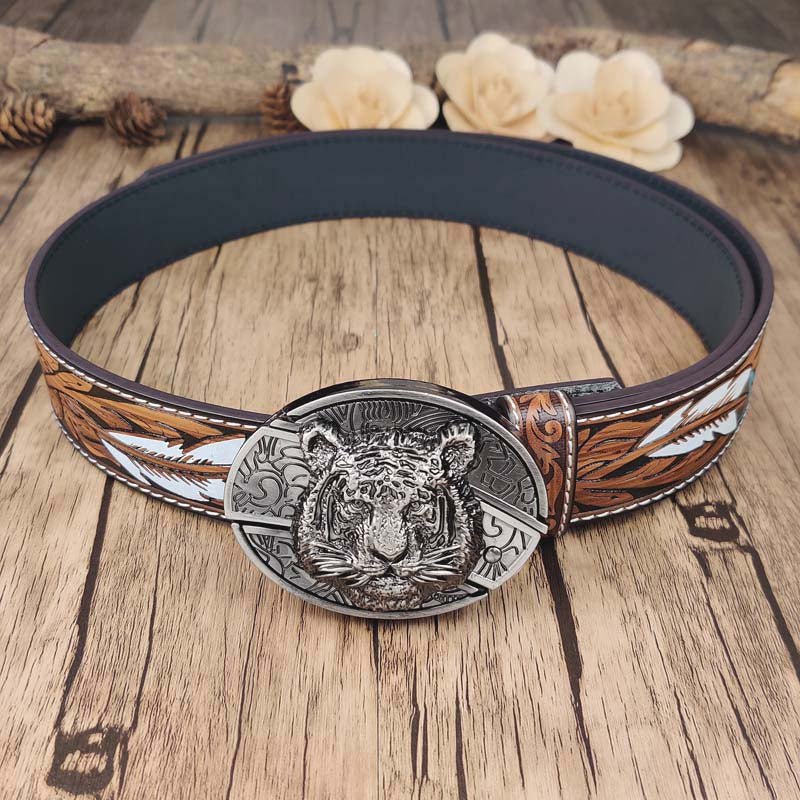 Feather Embossed Belt With Cool Oval Buckle - CowderryLeopard