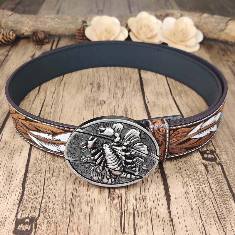 Feather Embossed Belt With Cool Oval Buckle - CowderryScorpion
