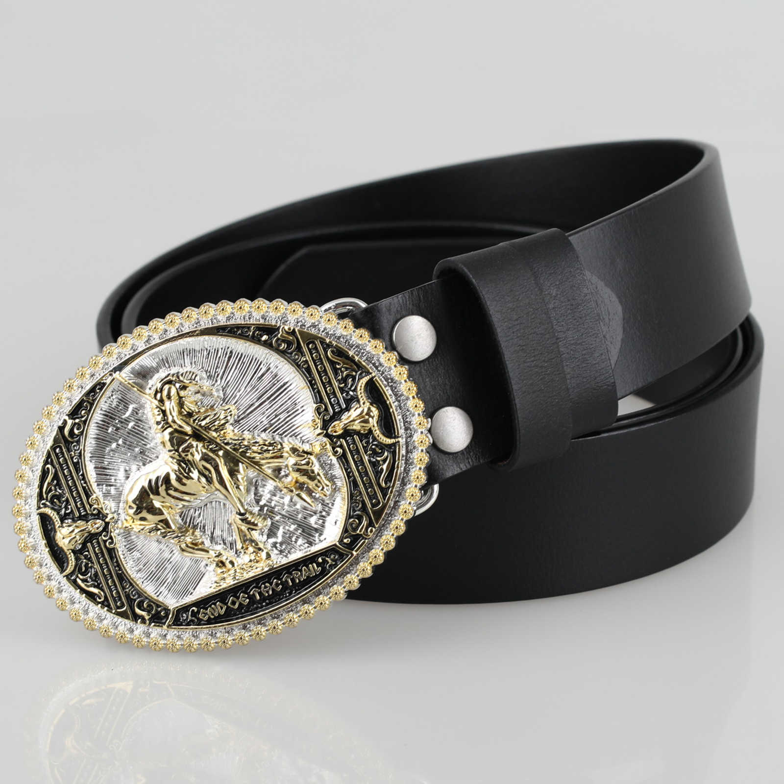 Genuine Leather Belt Gold Silver End of the Trail Bronc Rider Oval Buckle Cowboy - CowderryBeltsBrown